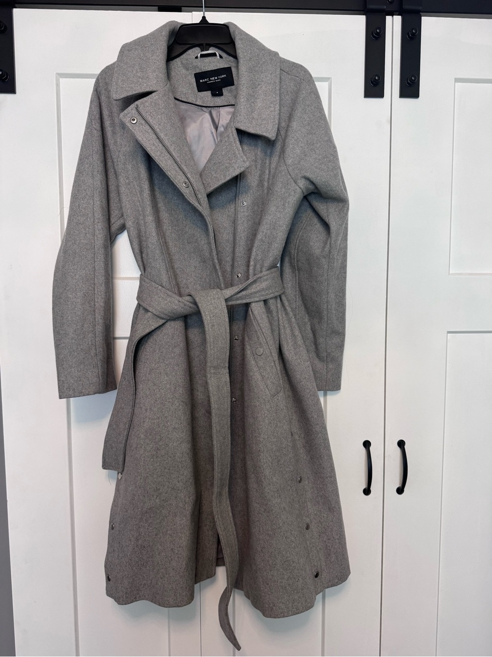 Marc New York Light Gray Wool-Blend Belted Trench Coat